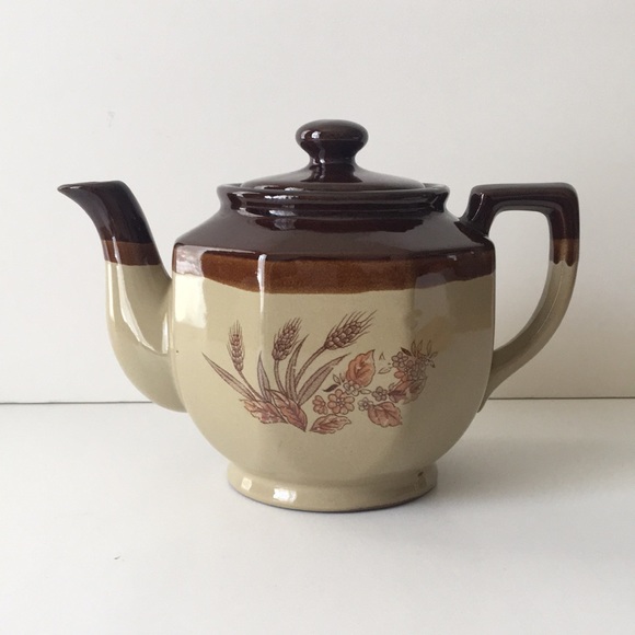 70s Glazed Teapot Wheat Motif Floral Cottagecore